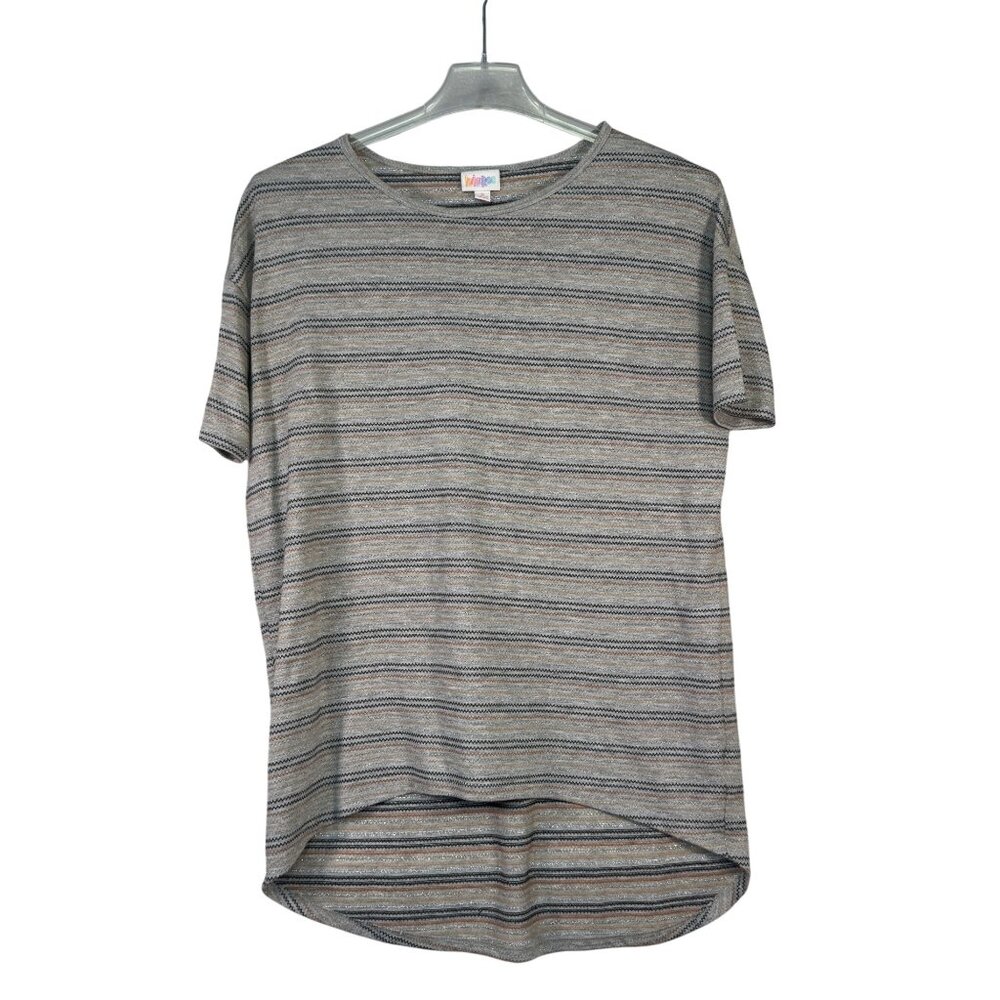 LuLaRoe Size Small Striped High-Low Hem Short Sleeve Top Metallic Thread
